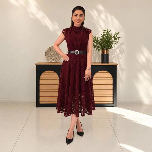پیراهن دانتل مخمل کمربند دار زنانه